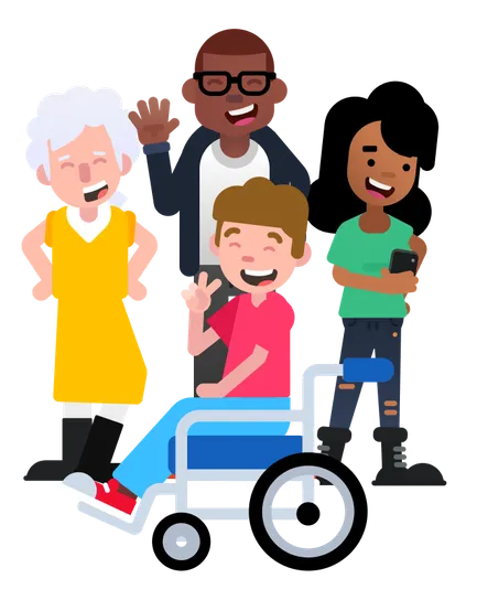 Three smiling adults standing next to a smiling boy in a wheelchair.