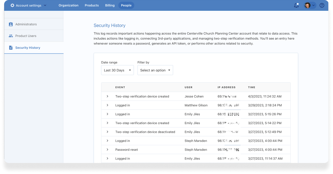 The Security History page displaying user activity logs with date and time stamps.