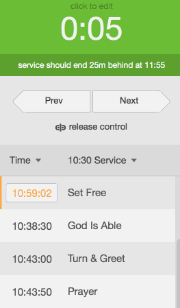 A countdown clock above a list of songs with the option to edit their start times.