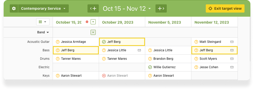 null The grid display of a volunteer name highlighted for every week they're on the schedule.