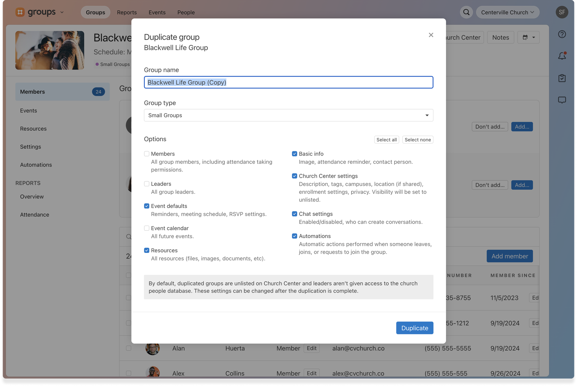 Duplicate group modal showing the settings to copy a group