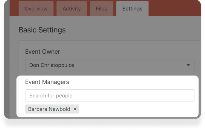 The Settings tab in a Calendar account with a text box to enter the name of an Event Manager.