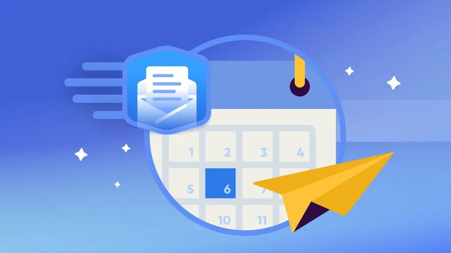 An envelop opening with a letting coming out and a paper plane, laid over a calendar.