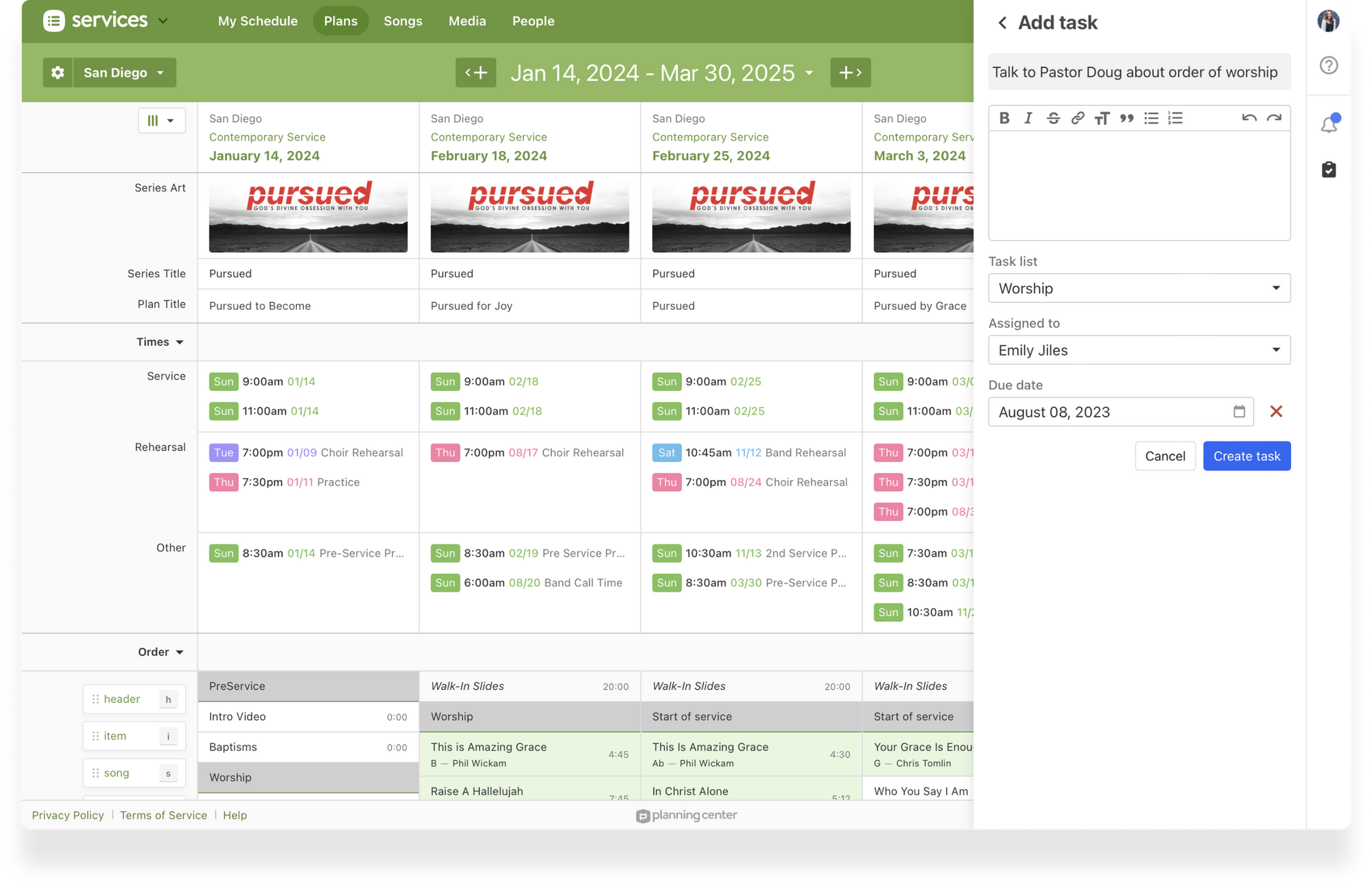 The Matrix in Services with a task being added on the right toolbar.