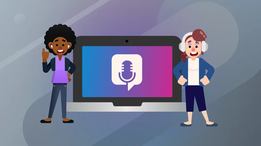 Two smiling women on either side of an open laptop with a microphone icon on the screen.