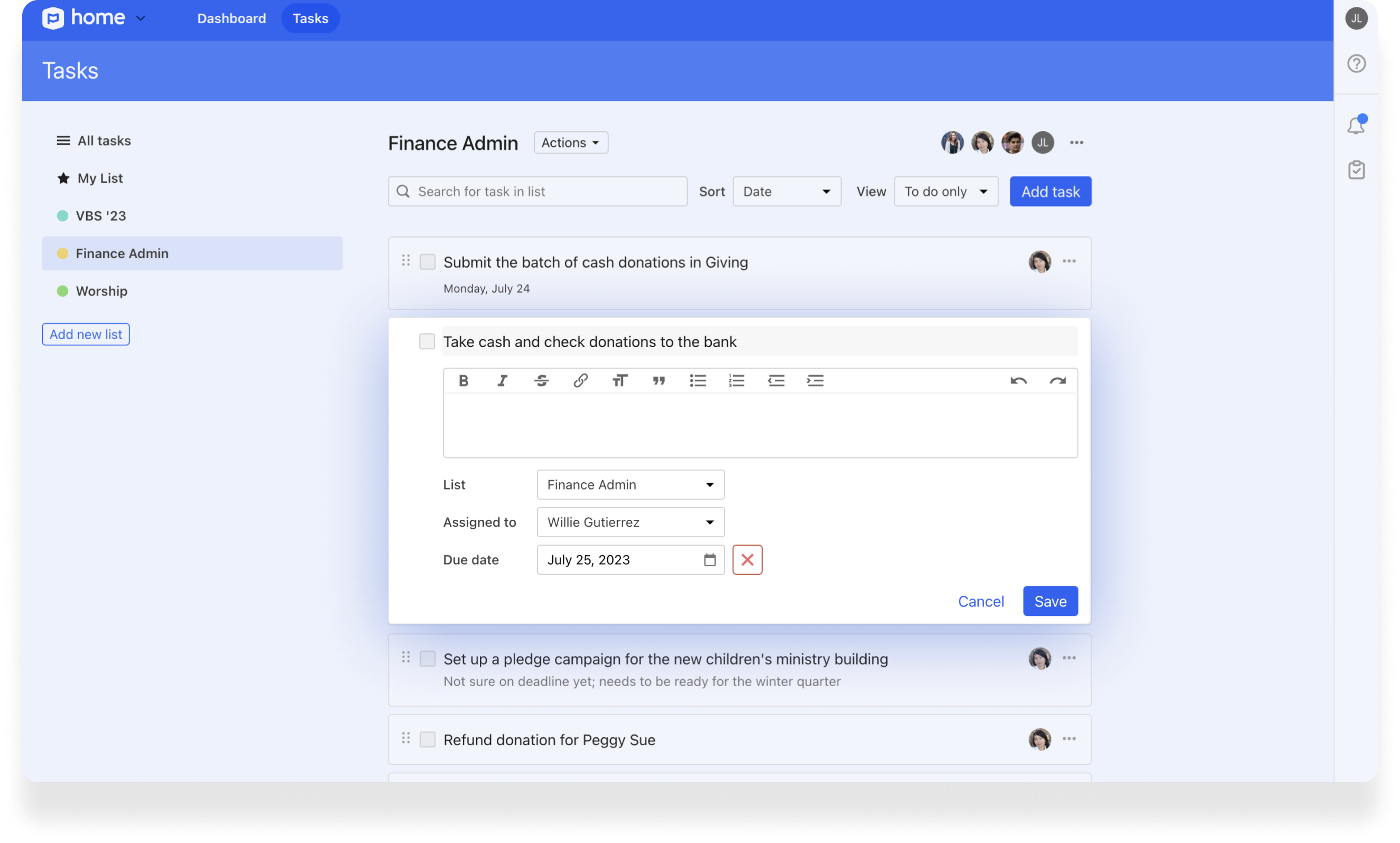 A text box to write a task down and save to an admin task list.