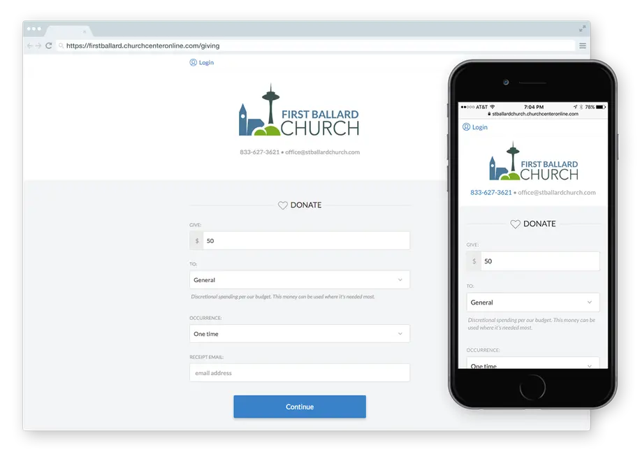 An iPhone next to a browser window both displaying the donation option on Church Center.