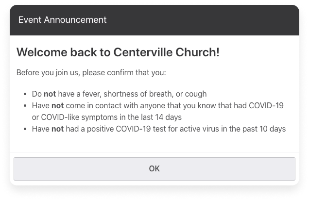 An event announcement pop-up window with text messaging and a button to acknowledge.