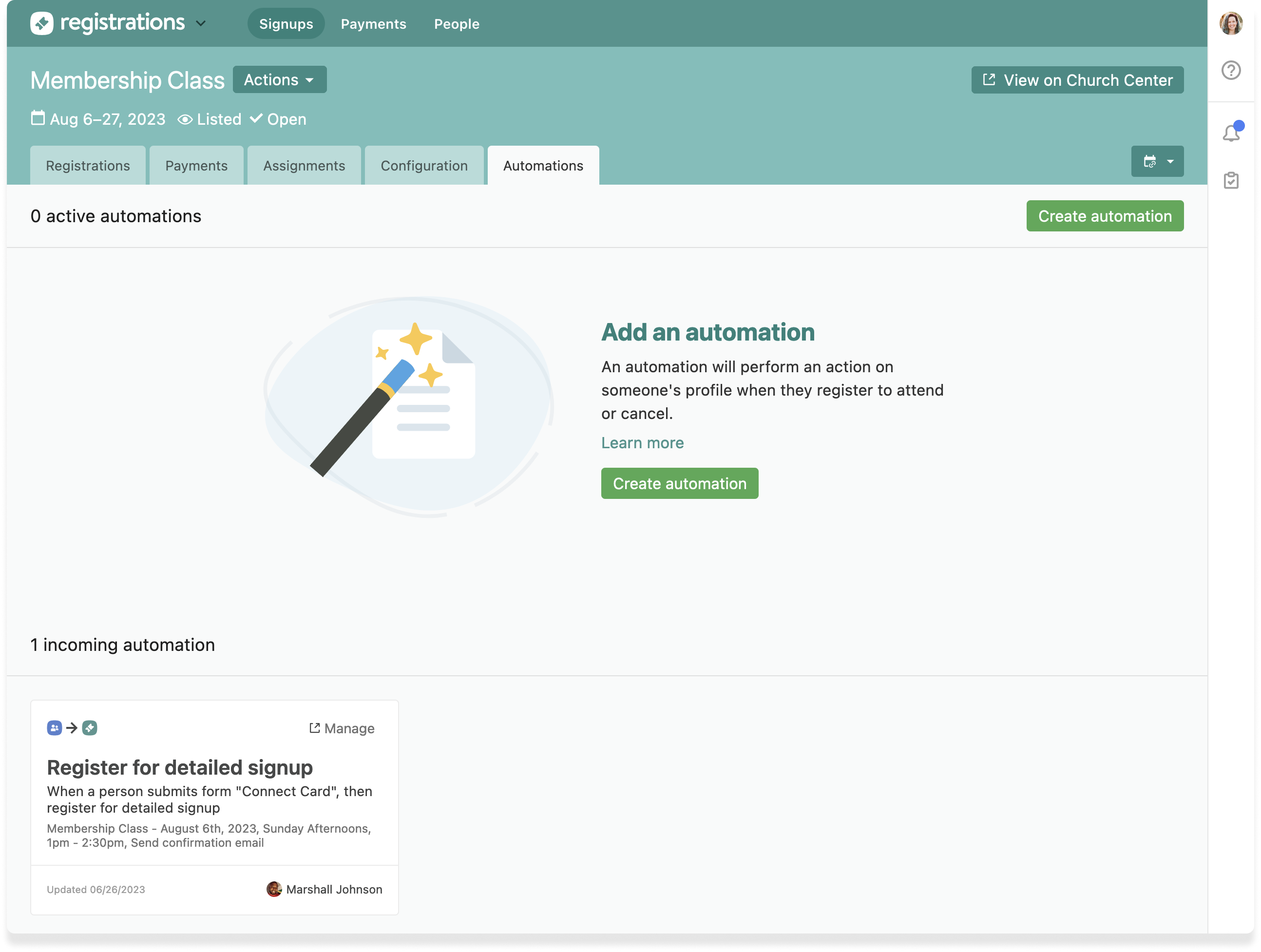 The automations tab in Planning Center Registrations with a running automation to send a confirmation email.