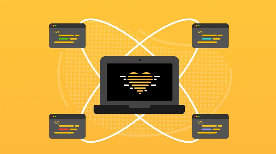 An illustrated open laptop with a heart icon on the screen and browser windows with code floating around it.
