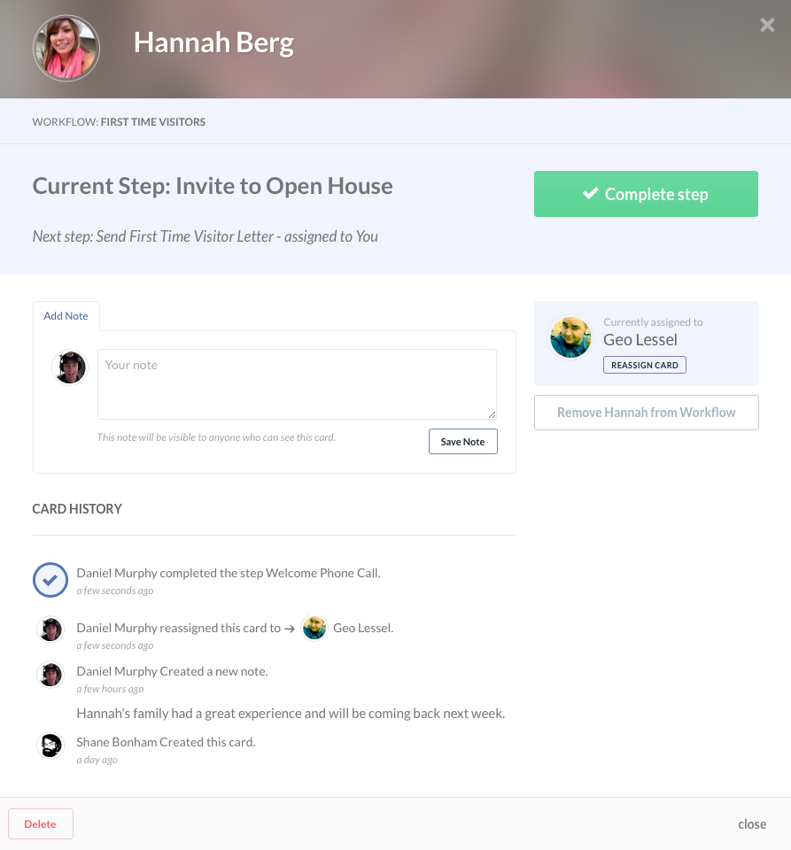 null A new visitor workflow card with a history of next steps to follow up on them with.