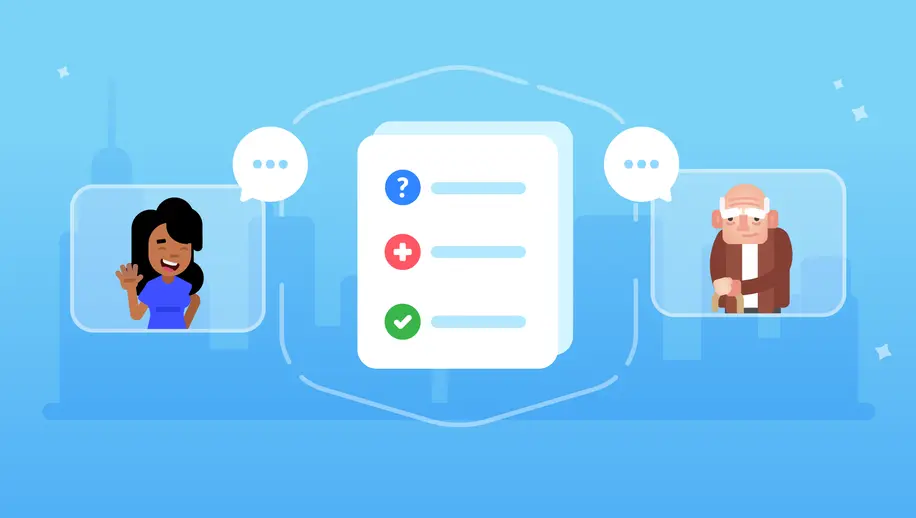 Two illustrated people with conversation bubbles on either side of a white paper.