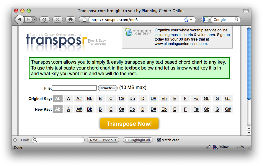 A display of original keys and new keys with an orange button to transpose a song.