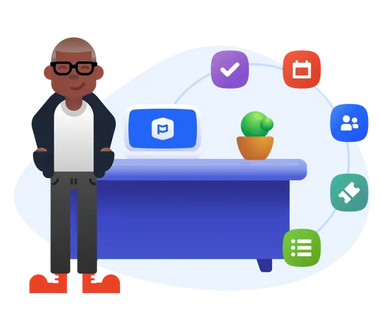 Man standing next to a desk with a plant and laptop on it surrounded by Planning Center product icons.