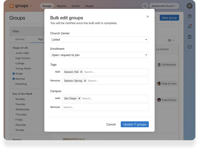 An image showing the modal for bulk editing group tags