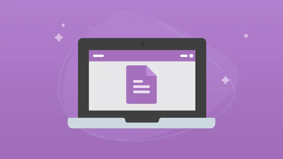 An illustrated laptop open with a purple paged report on the screen.