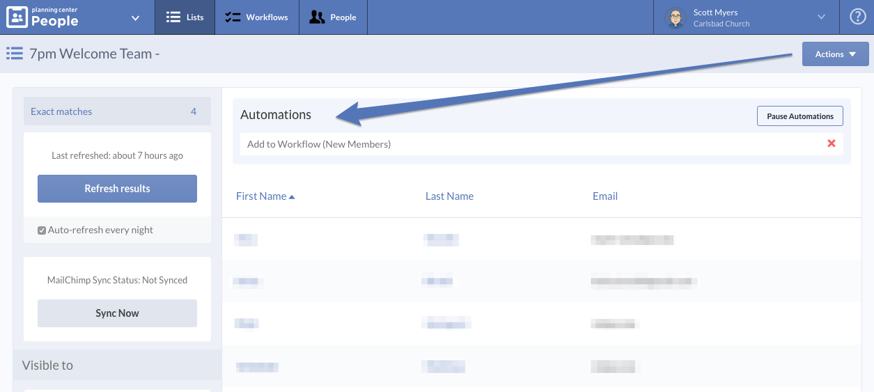 Planning Center People automations dashboard with actions drop-down menu.