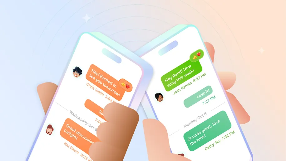 Two phones next to each other with chat conversation bubbles on both screens.