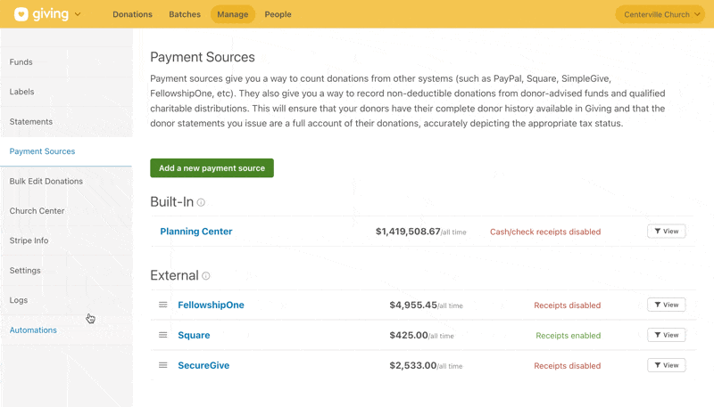 A GIF of adding a new payment source in Planning Center Giving.