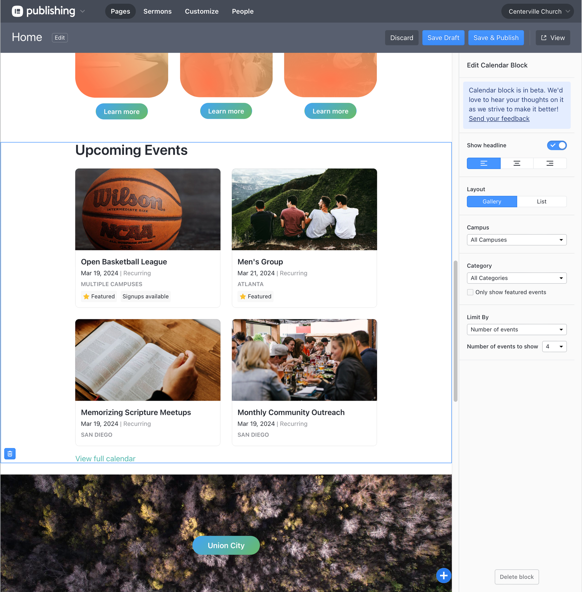 The Calendar content block in Planning Center Publishing showing images for four different events in a gallery view.