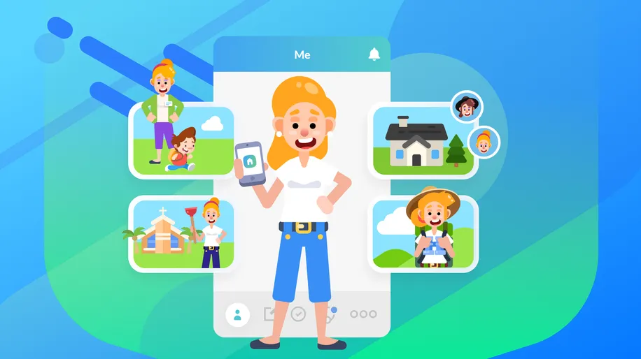 An illustrated woman holding a cell phone out with the Church Center icon displaying on the screen.