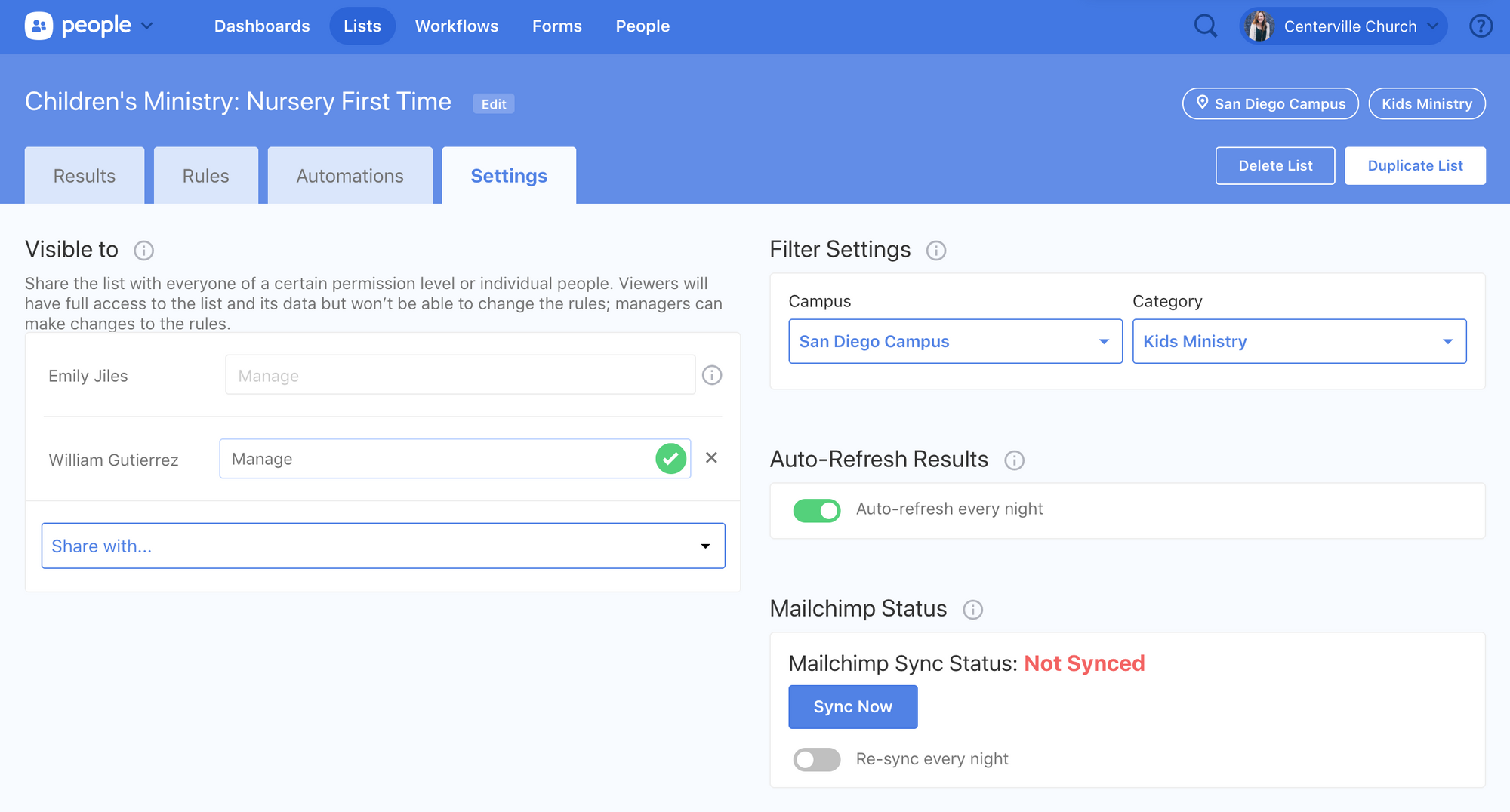 The settings tab in People displaying visibility options, filter settings, and auto-refresh results, and syncing status.