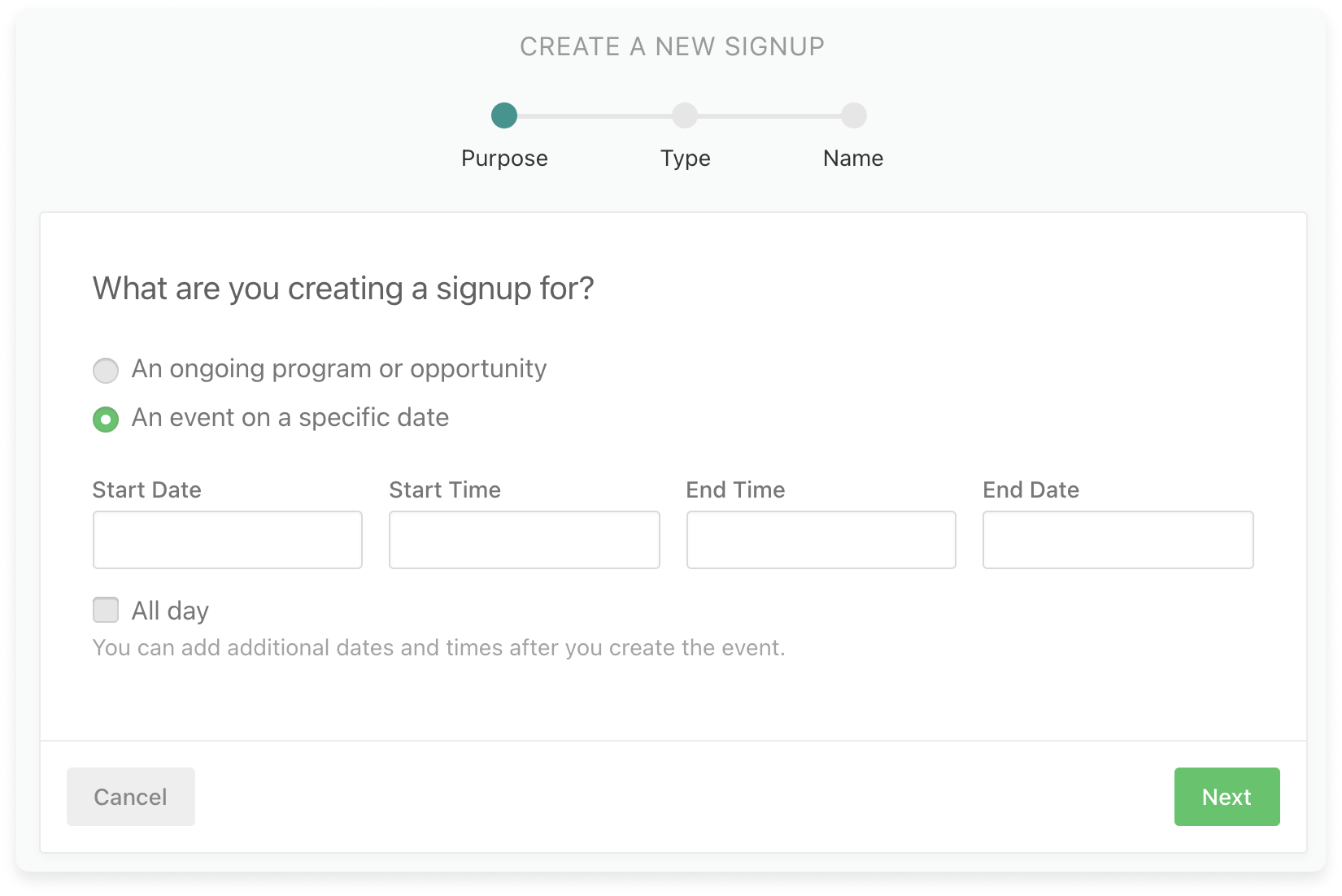 A new signup creation form with the option to create an event on a specific date.