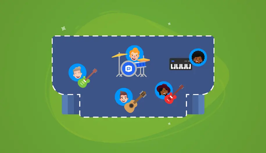 An overhead stage layout with illustrations on band members in different spots next to their instruments.