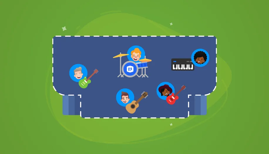 An overhead stage layout with illustrations on band members in different spots next to their instruments.