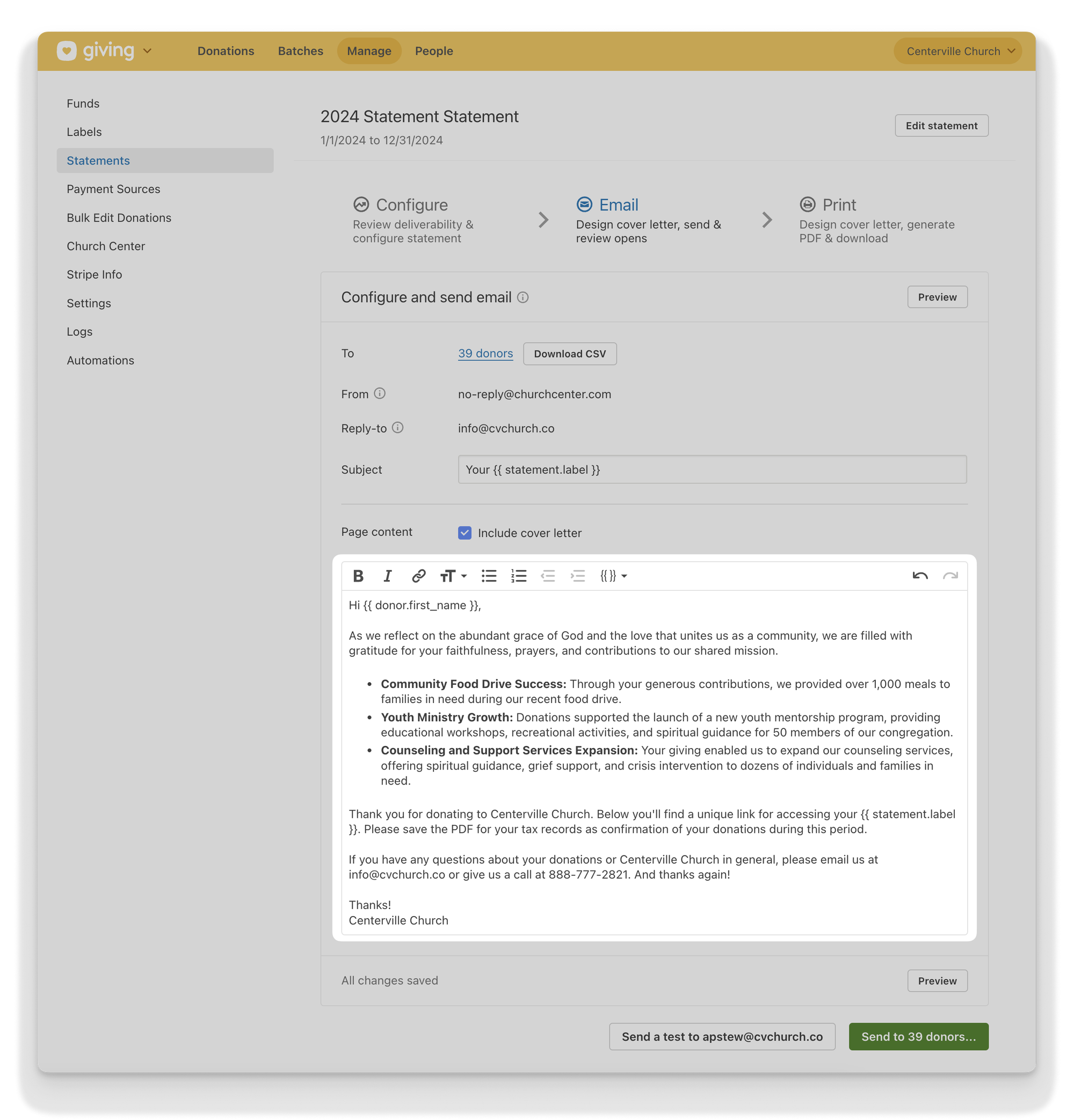 The statement cover letter formatting text box in Planning Center Giving with formatting options and text.