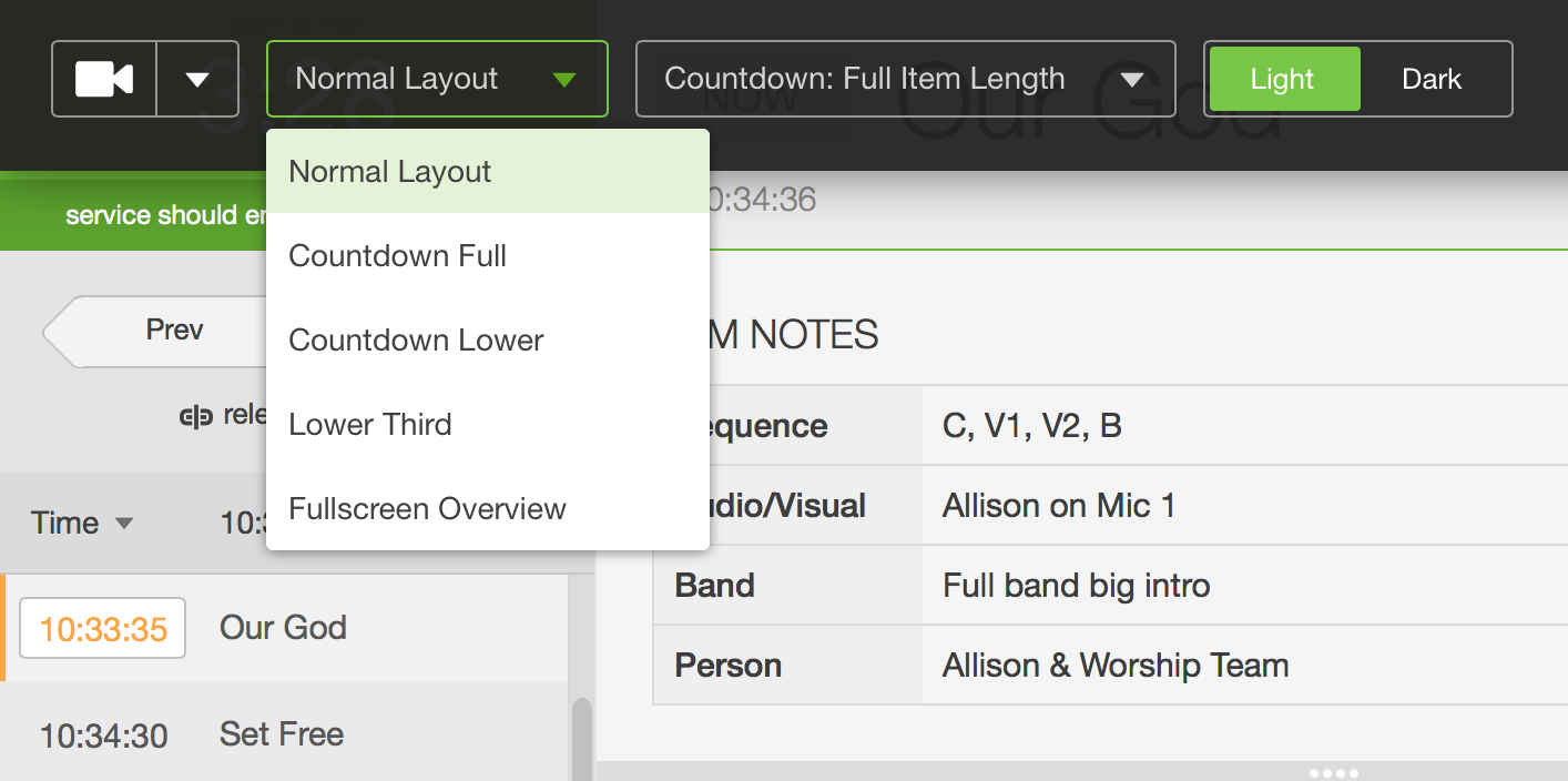A layout drop-down menu with different size and positional options for the countdown clock.