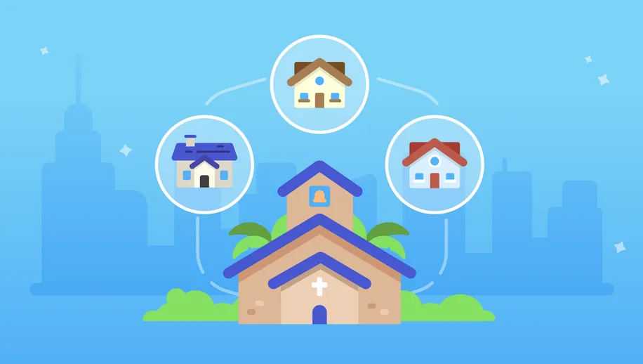 An illustrated church with a blue roof and three smaller illustrated churches floating above. 