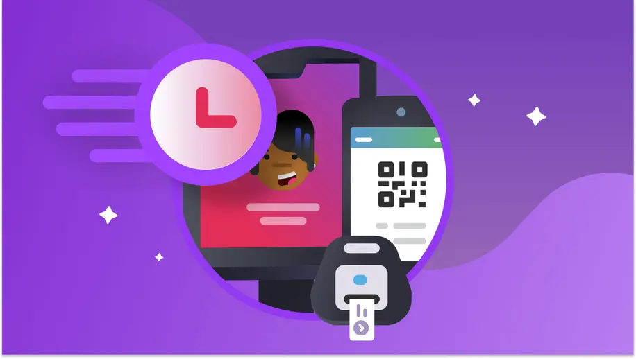 A clock traveling with speed next to a tablet and label printer.