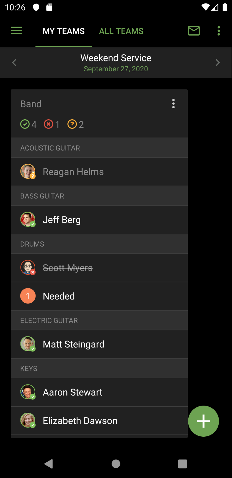 A list of volunteers for a weekend service on mobile dark mode.