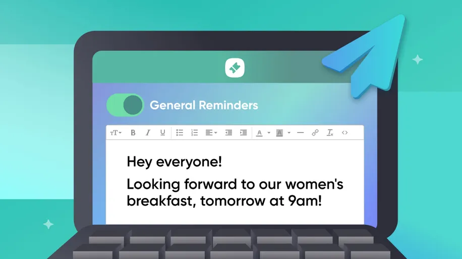 An open laptop with an email text box on the screen and formatting options in Planning Center Registrations.