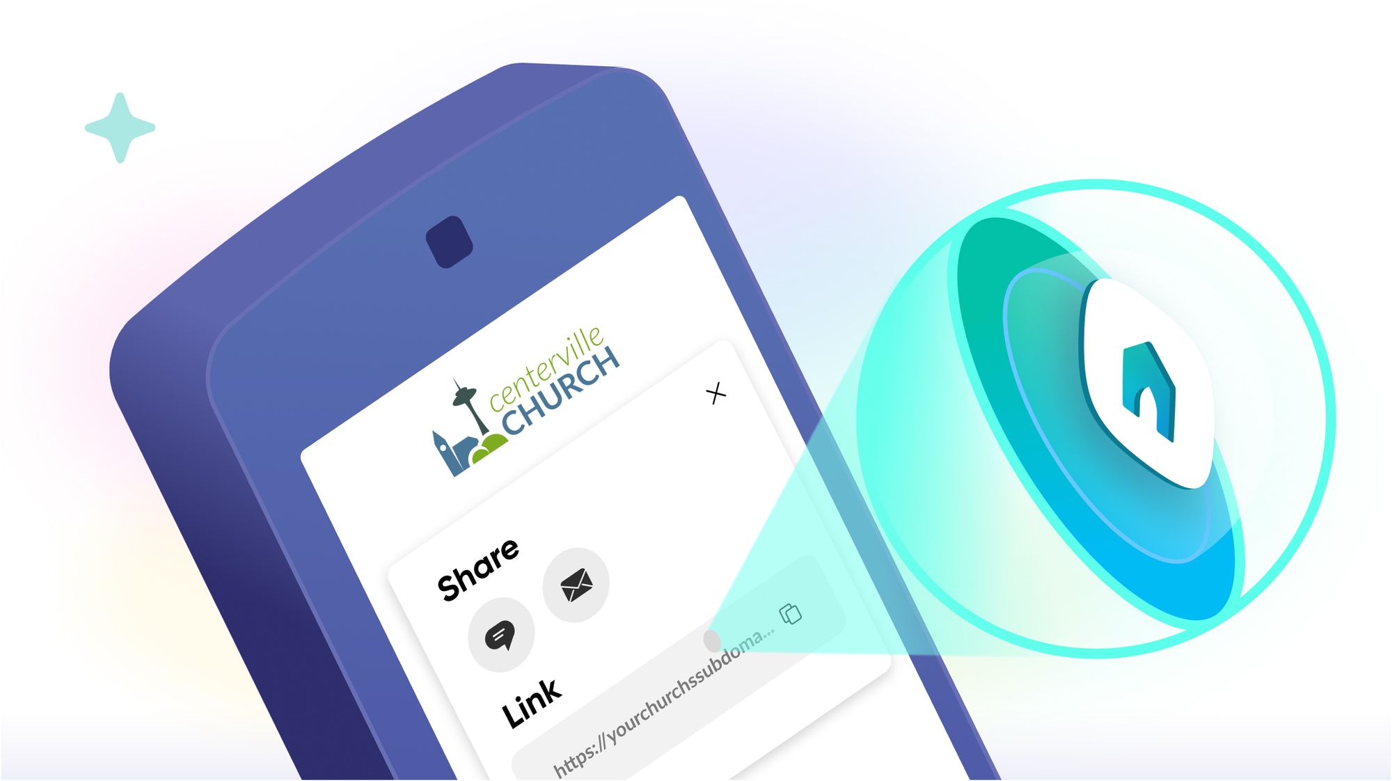 The Church Center icon emerging from a phone with a sharable link.