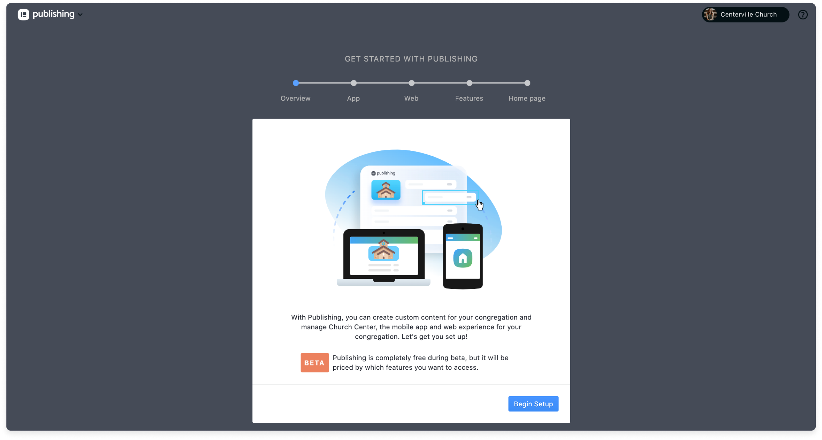 A Publishing getting started guide with a timeline to track progress and button to begin.