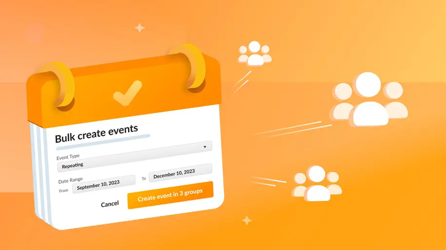 An event calendar with a repeating event and date range for multiple groups.