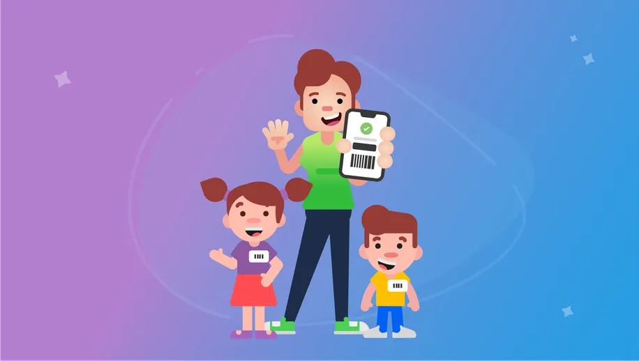 A smiling woman standing next to a little boy and girl while waving and holding a cell phone showing a successful check-in.