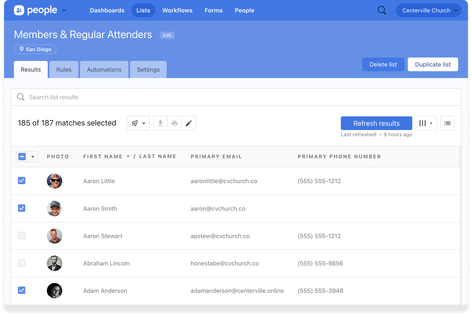 The Results tab in Planning Center People displaying a list of people and blue check boxes by some profile pictures.