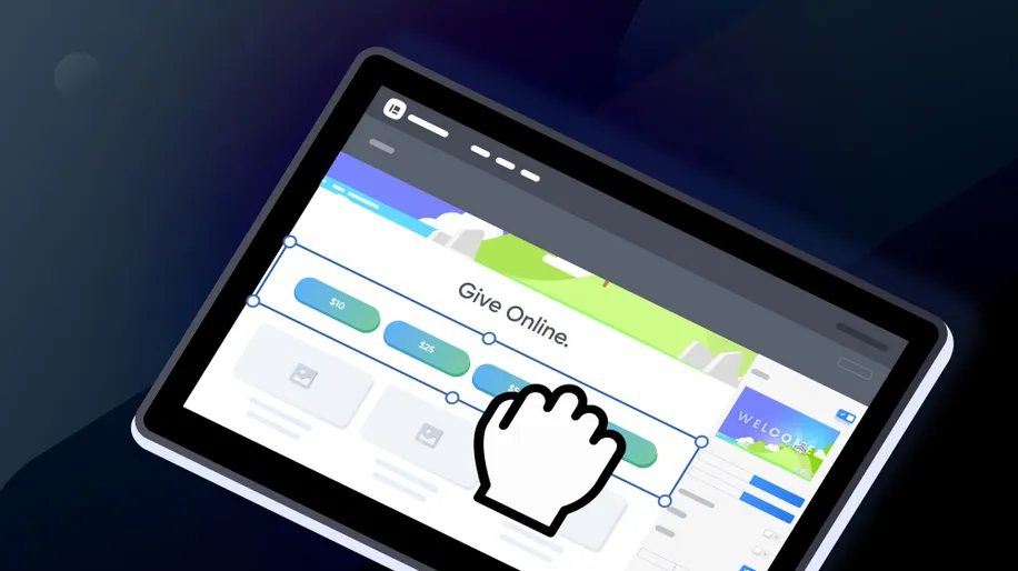 A tablet with a cursor dragging a Planning Center Giving content block onto a custom page in Planning Center Publishing.