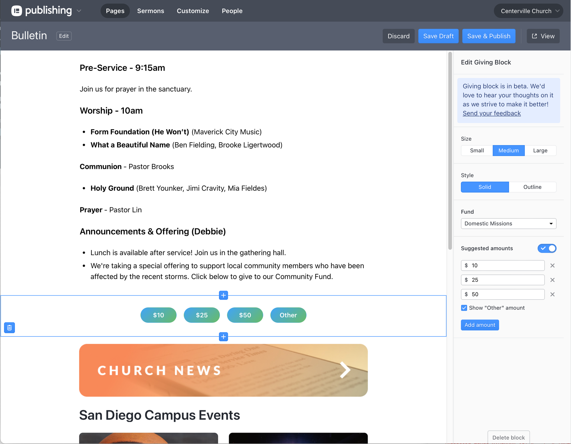 The Giving content block in Planning Center Publishing showing four different teal donation buttons.