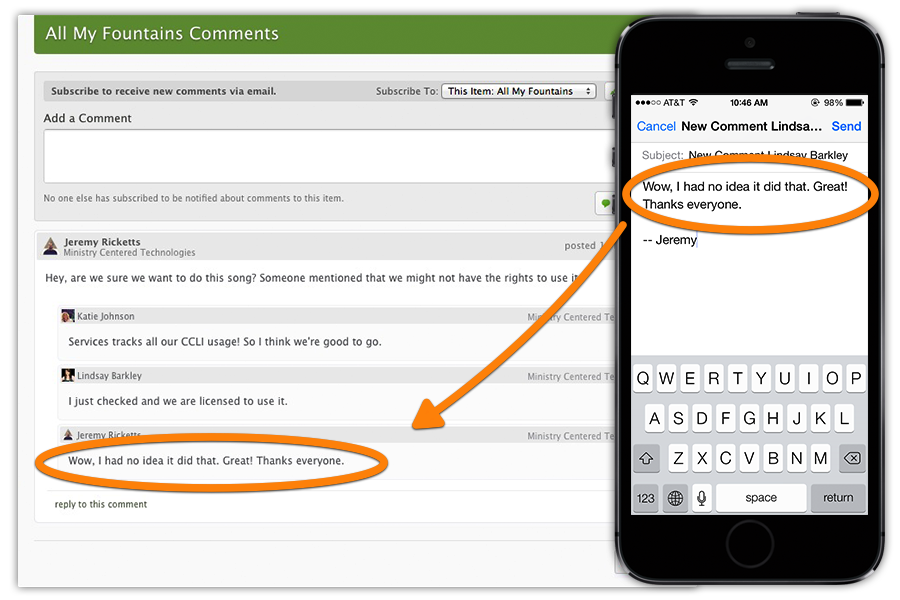 null An iPhone displaying a message on screen and that message showing up in a song comments section.