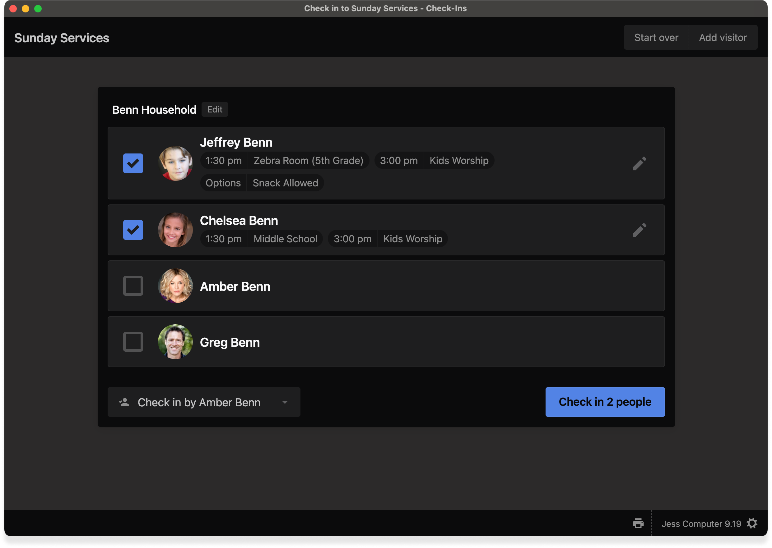 A stations background in dark mode with a household of four people listed.