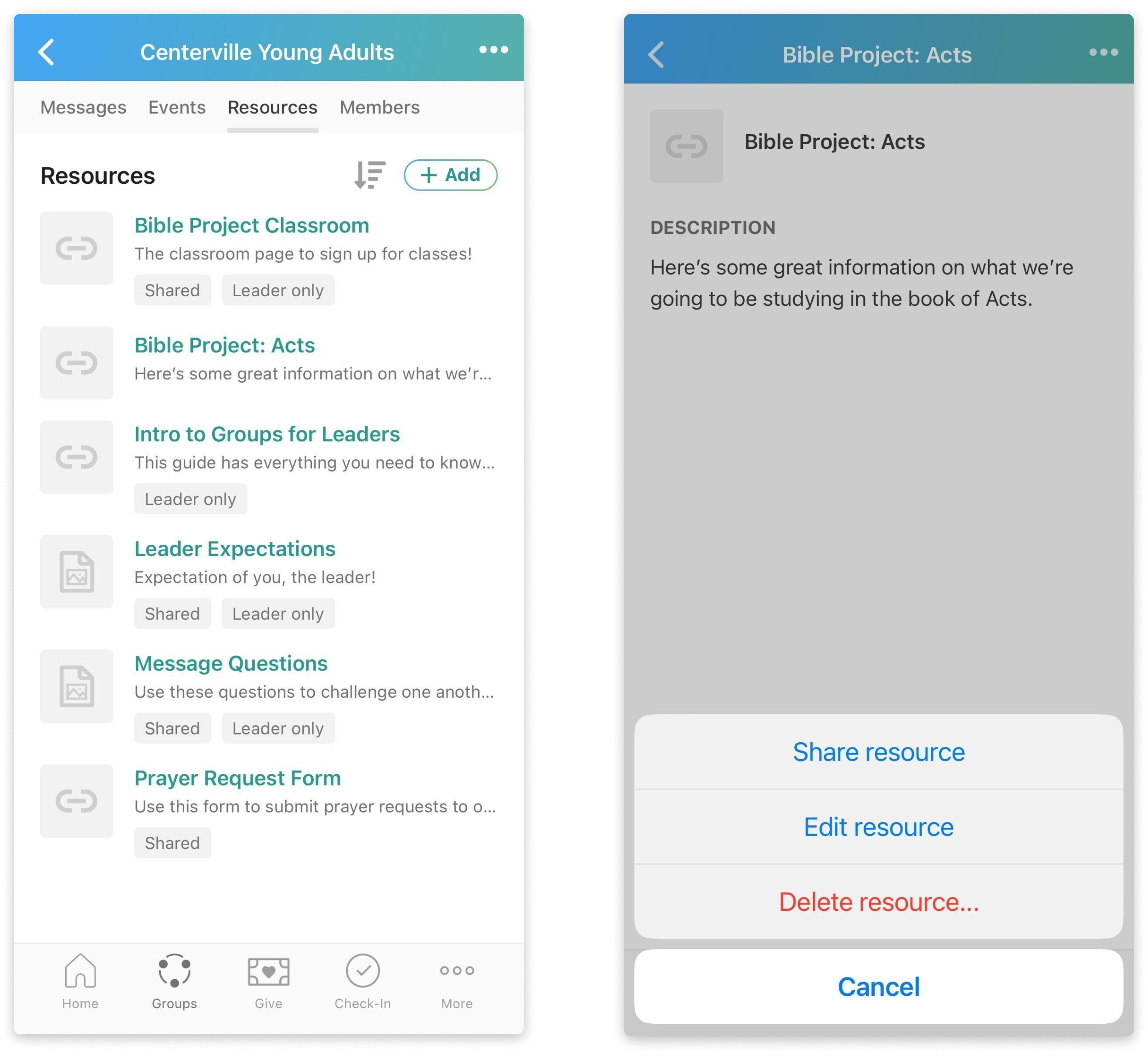null A group resource page in the Church Center app with different resources listed and a description for each.