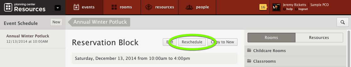 null A reservation block in Planning Center Calendar with the button to reschedule highlighted.