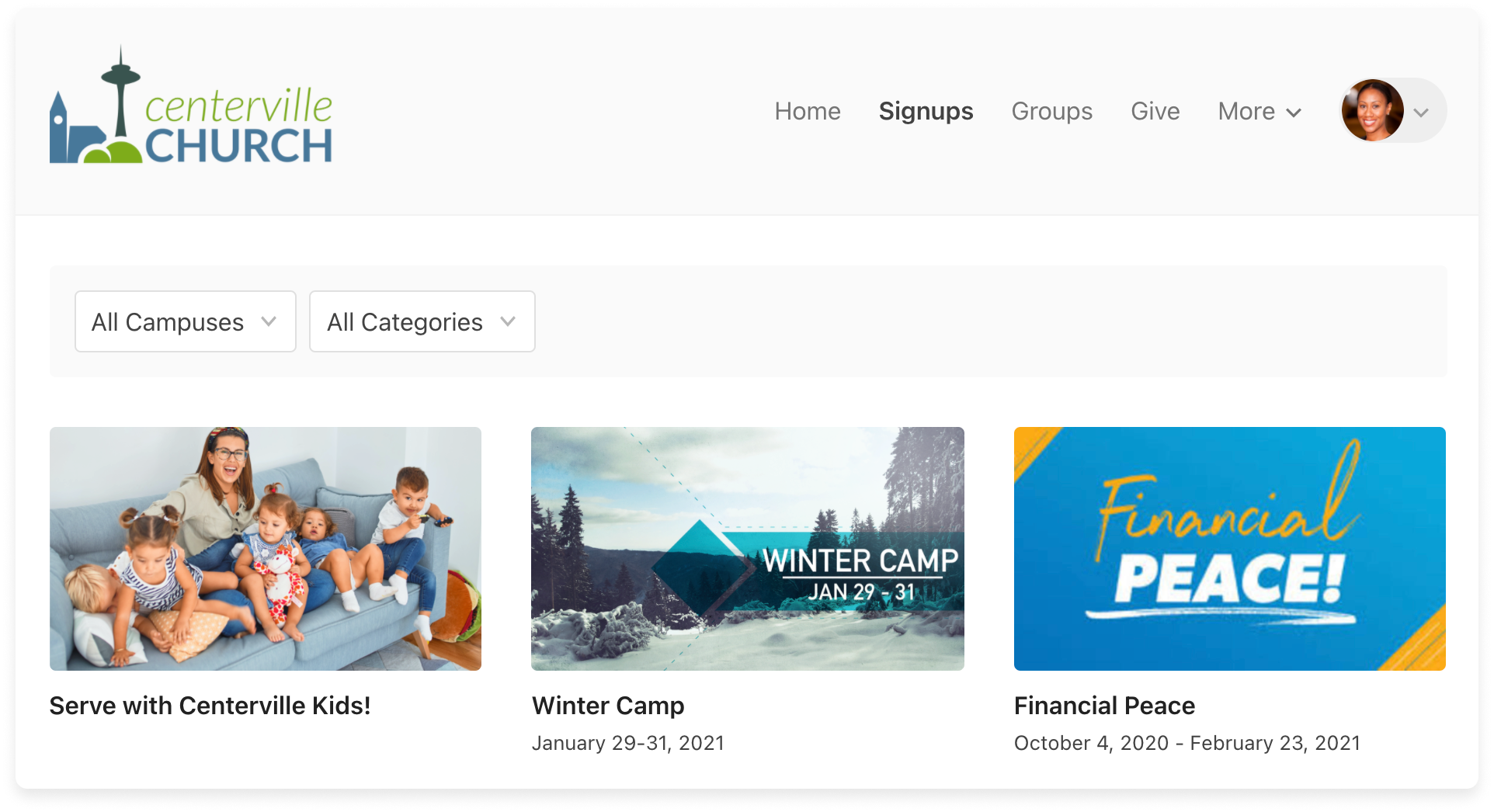 A Church Center signups page with different events listed out with accompanying images.