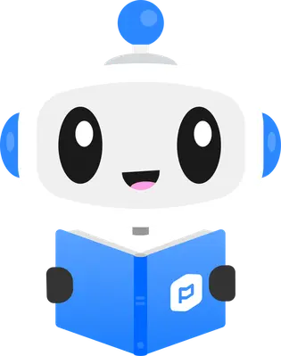 Cartoon robot smiling while reading a book.