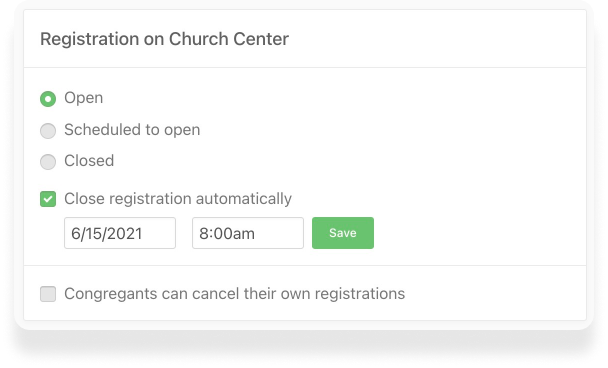 An event registration modal with the option to open, schedule, or close an event with a date and time range.