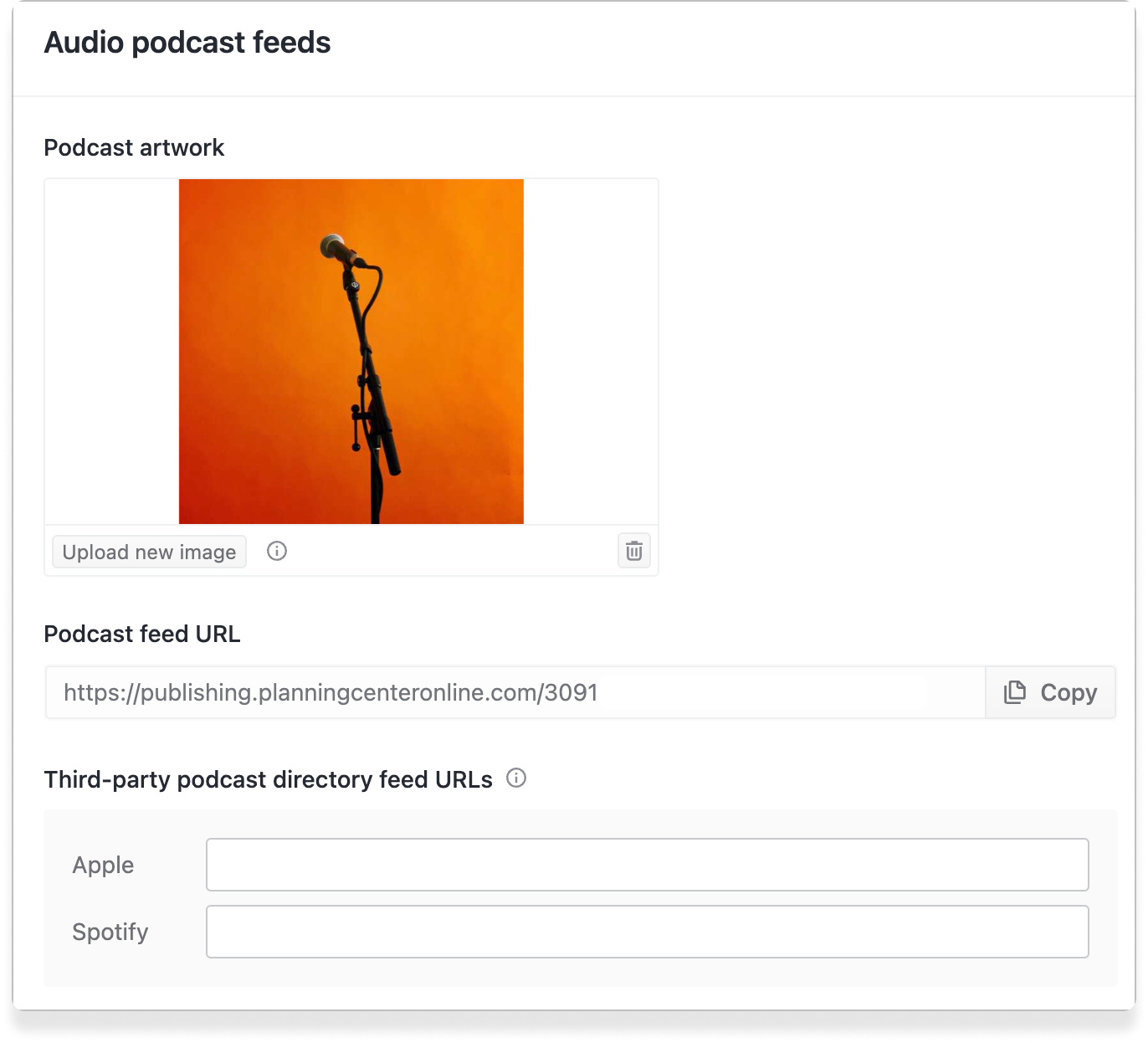 null The audio podcasts page in Publishing with Apple and Spotify URL fields.